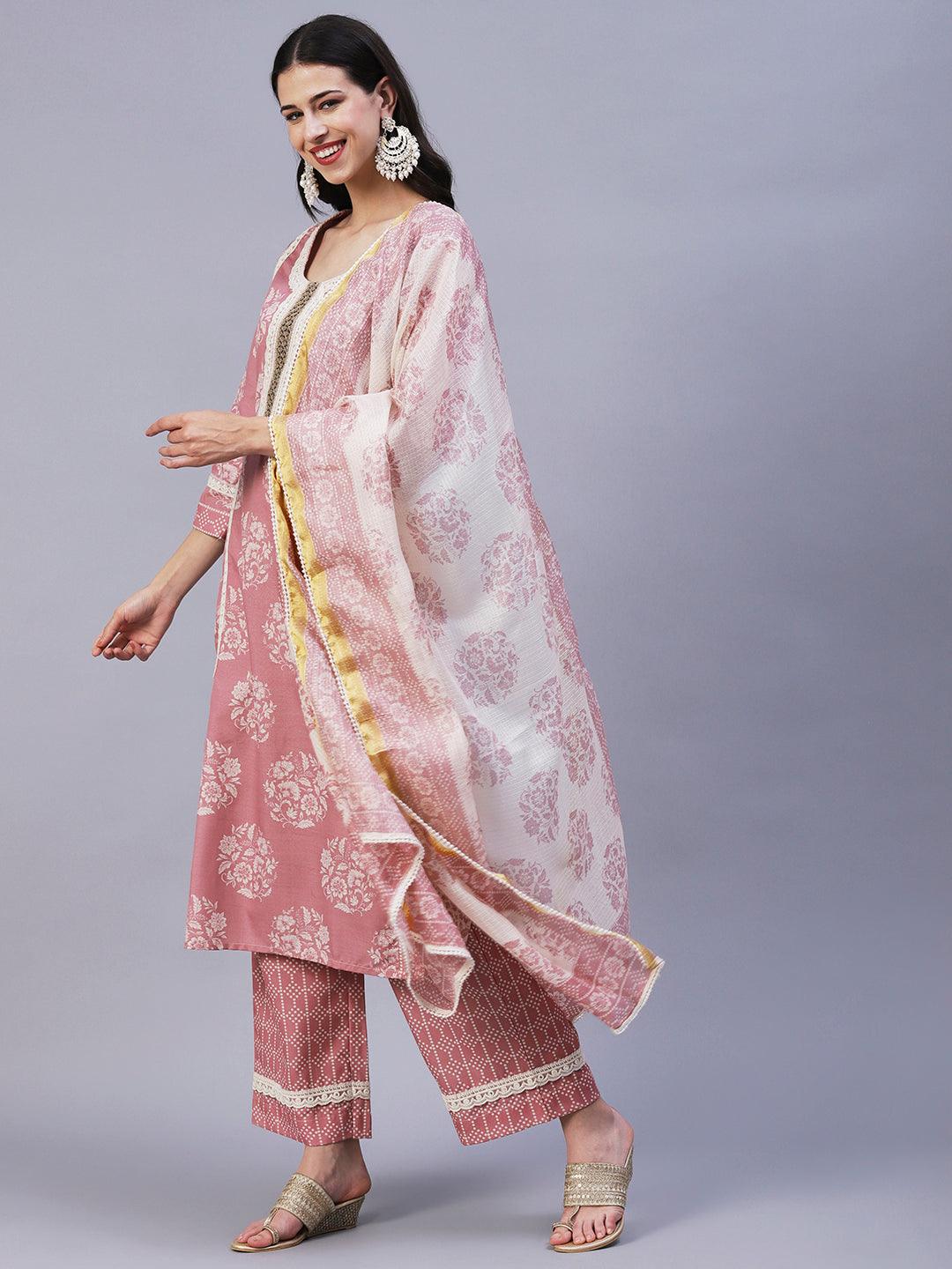 Floral Printed & Embroidered Straight Kurta with Pant & Dupatta - Rose Gold - Indiakreations