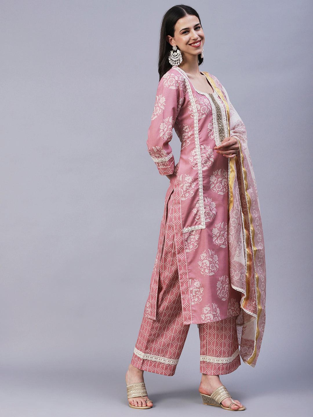 Floral Printed & Embroidered Straight Kurta with Pant & Dupatta - Rose Gold - Indiakreations