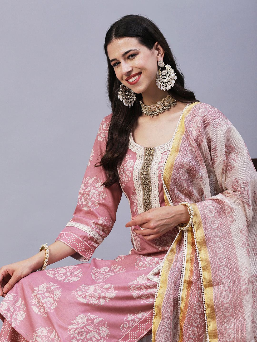 Floral Printed & Embroidered Straight Kurta with Pant & Dupatta - Rose Gold - Indiakreations