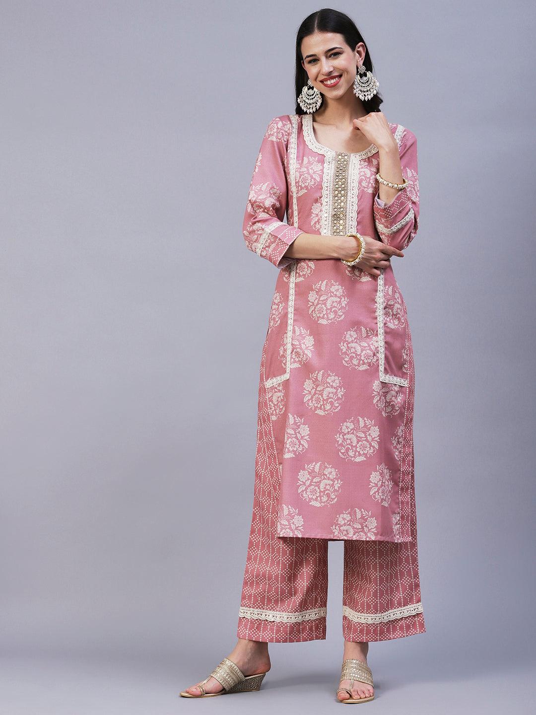 Floral Printed & Embroidered Straight Kurta with Pant & Dupatta - Rose Gold - Indiakreations