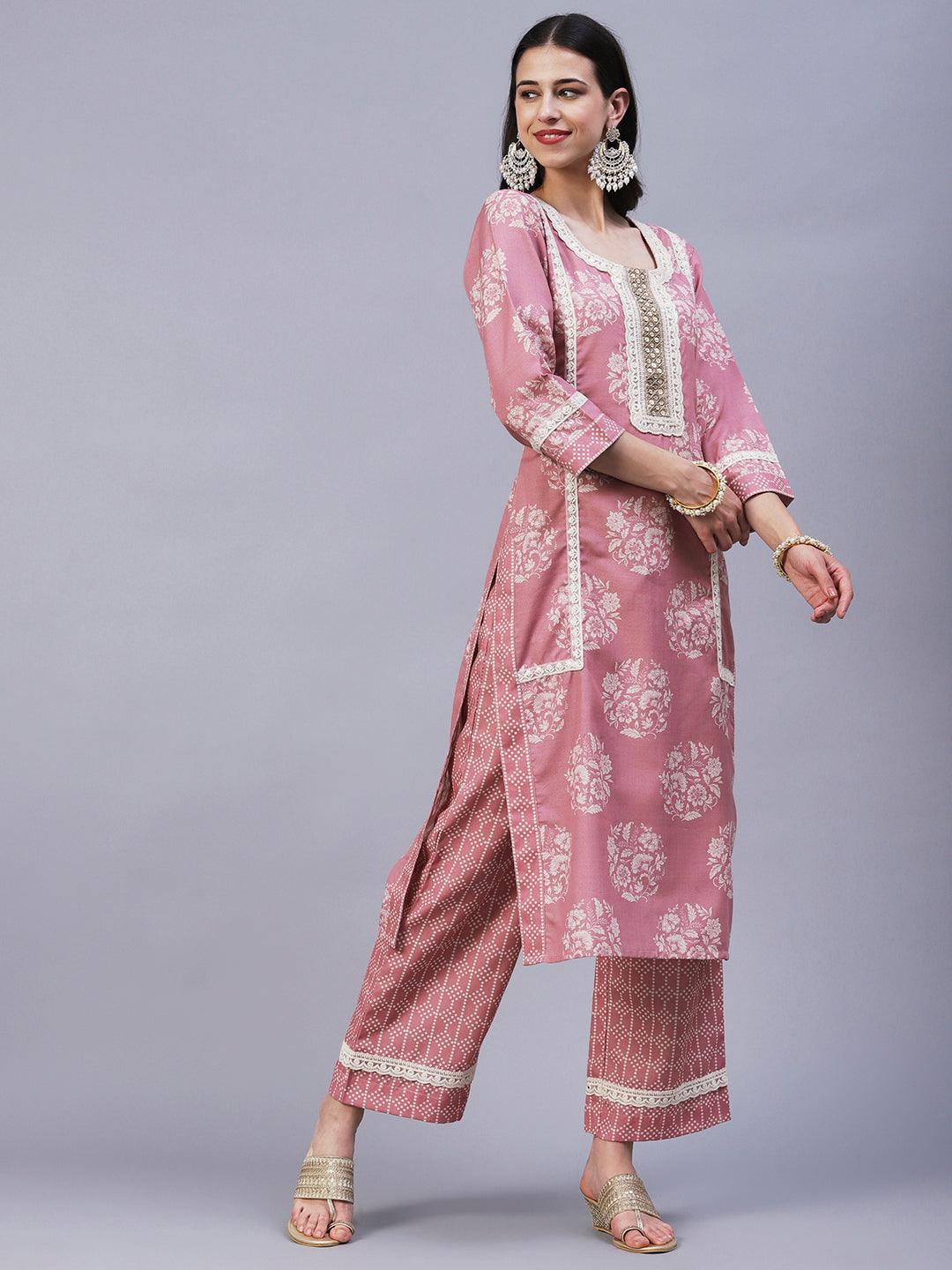 Floral Printed & Embroidered Straight Kurta with Pant & Dupatta - Rose Gold - Indiakreations