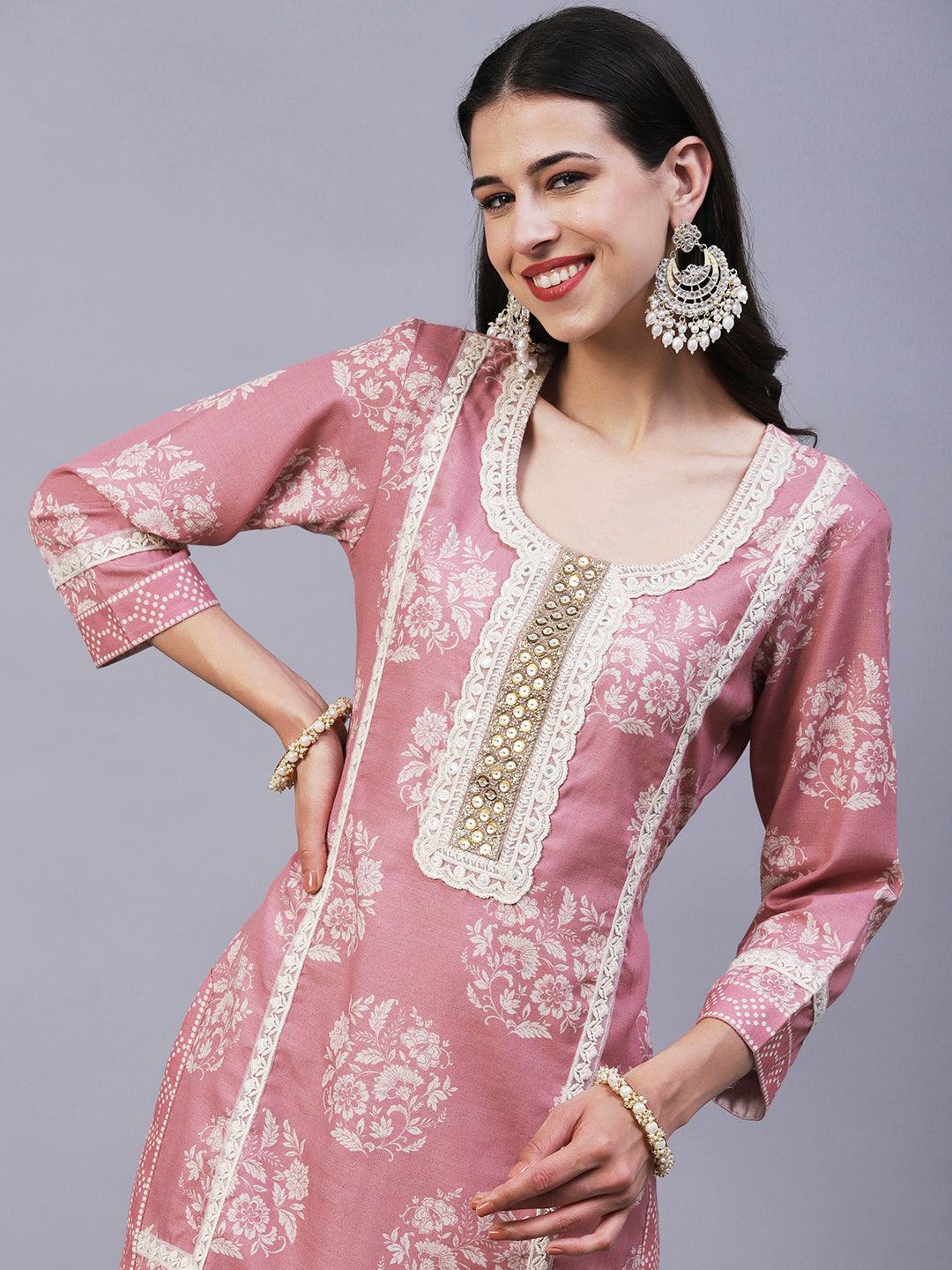 Floral Printed & Embroidered Straight Kurta with Pant & Dupatta - Rose Gold - Indiakreations