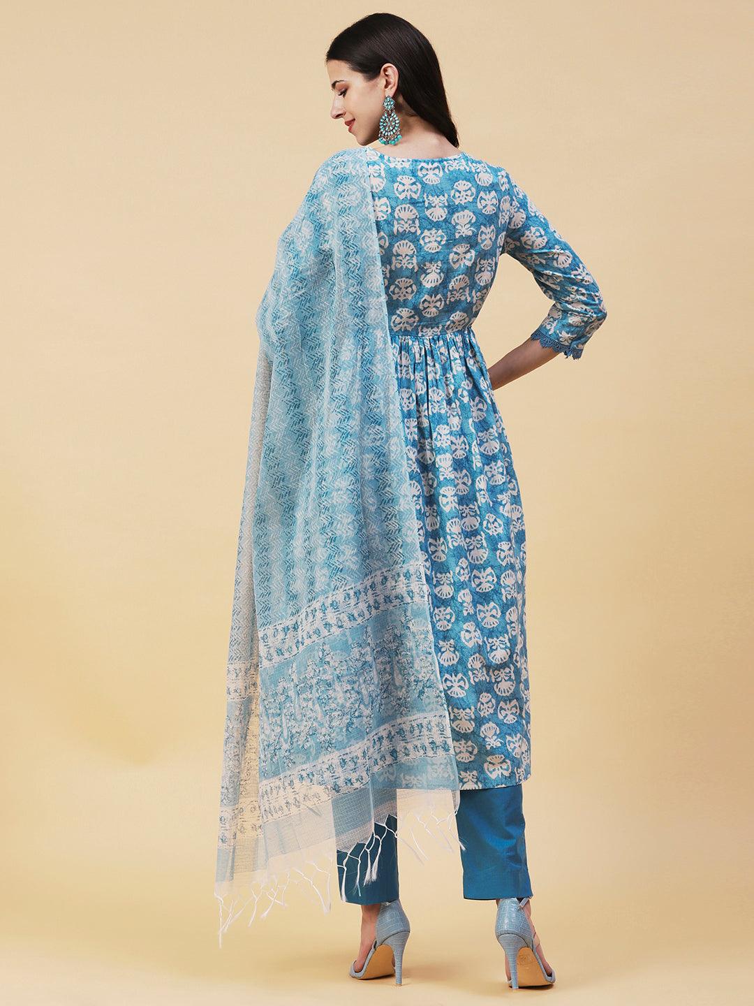 Abstract Printed Resham Embroidered High Slit Kurta With Pants & Printed Dupatta - Blue - Indiakreations