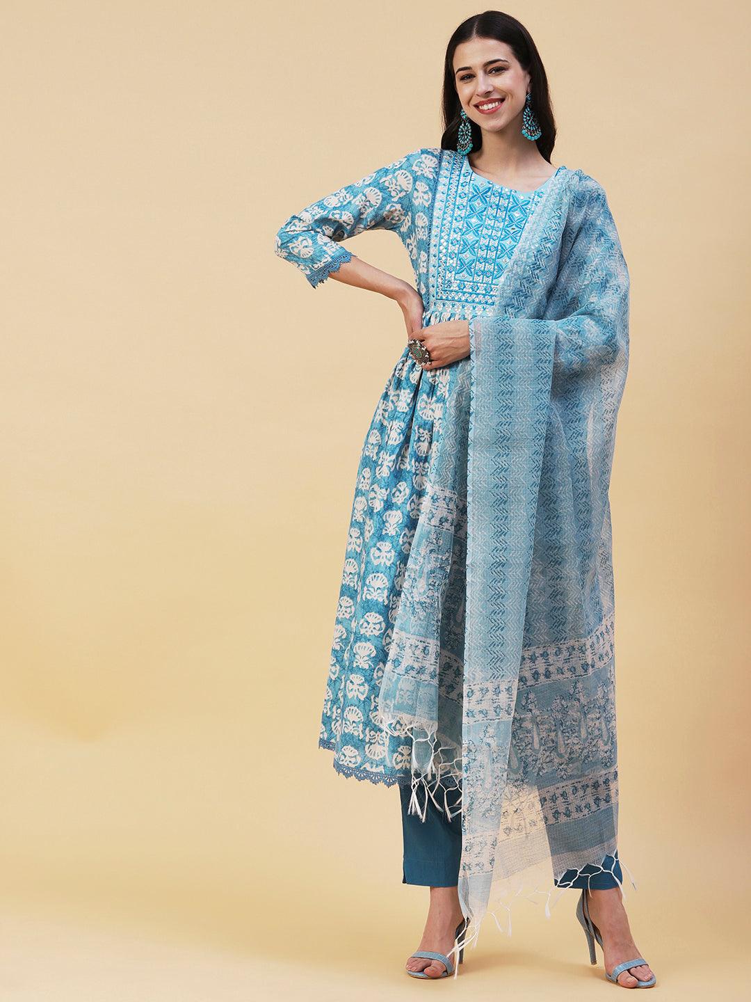 Abstract Printed Resham Embroidered High Slit Kurta With Pants & Printed Dupatta - Blue - Indiakreations