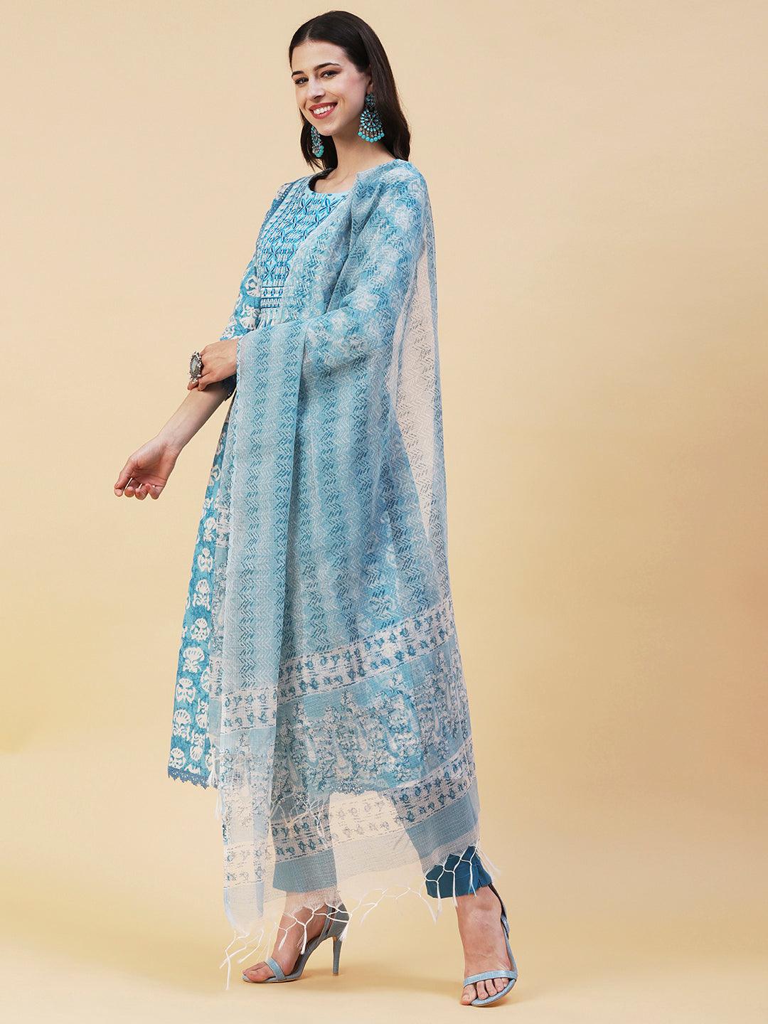 Abstract Printed Resham Embroidered High Slit Kurta With Pants & Printed Dupatta - Blue - Indiakreations