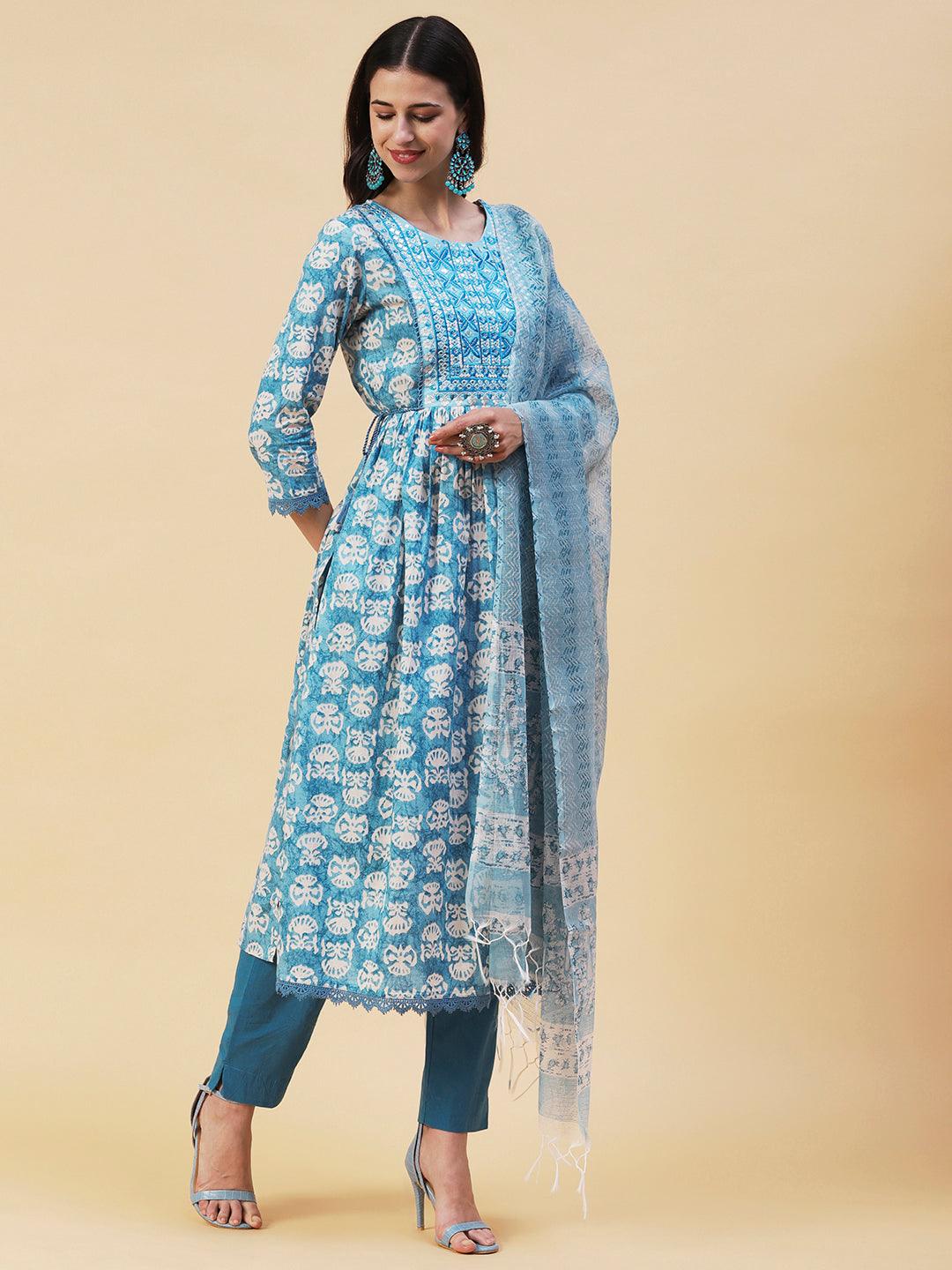 Abstract Printed Resham Embroidered High Slit Kurta With Pants & Printed Dupatta - Blue - Indiakreations