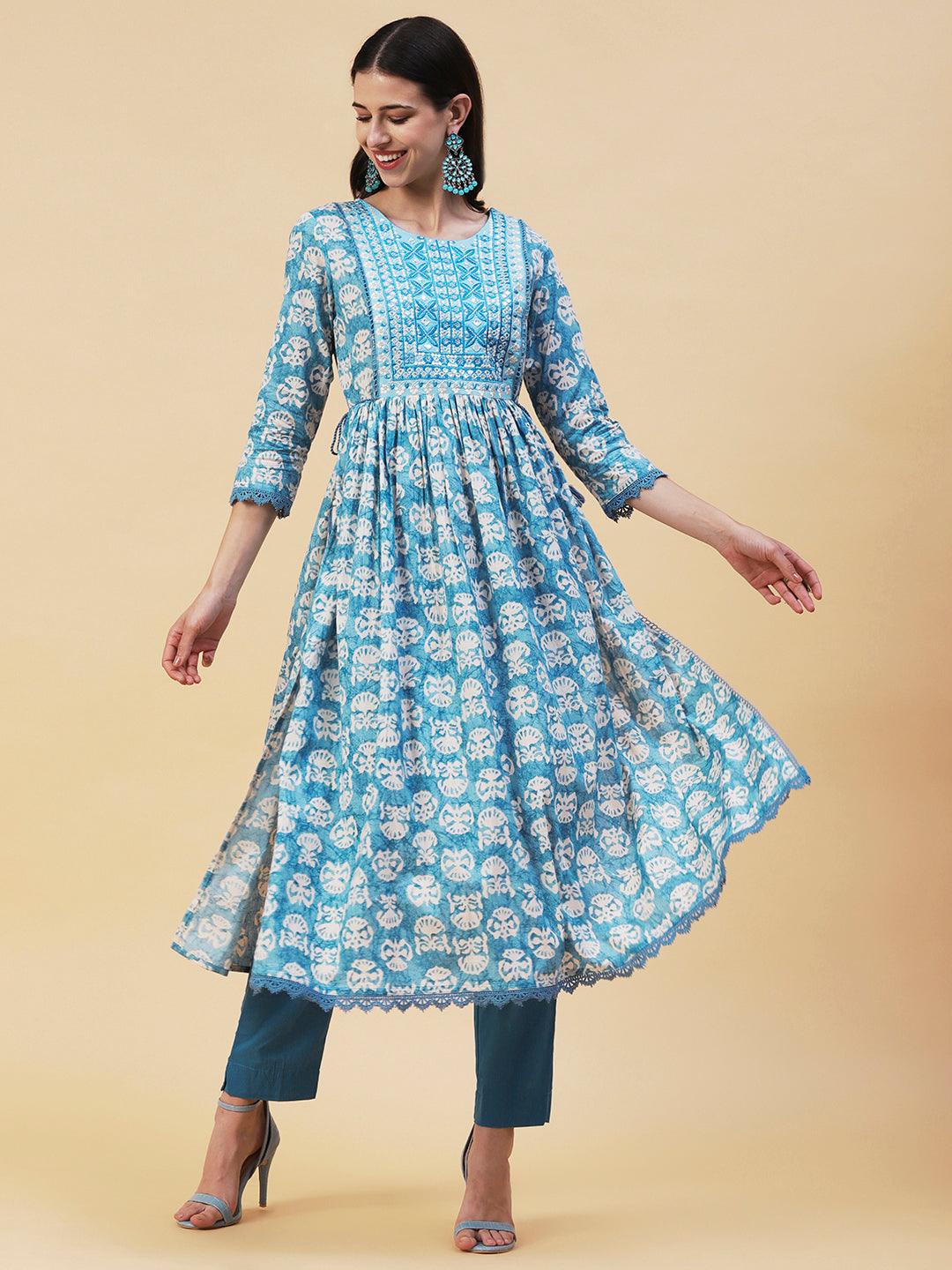 Abstract Printed Resham Embroidered High Slit Kurta With Pants & Printed Dupatta - Blue - Indiakreations