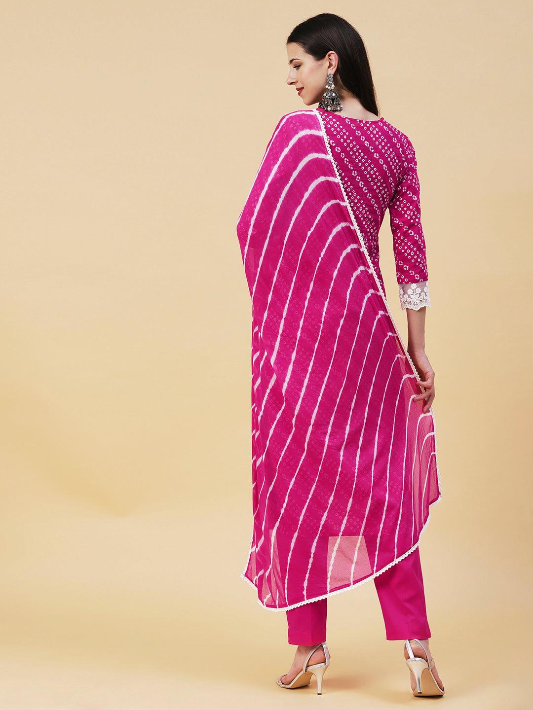 Bandhani Printed Mirror Embroidered Kurta With Pants & Lehriya Dupatta - Fuchsia - Indiakreations