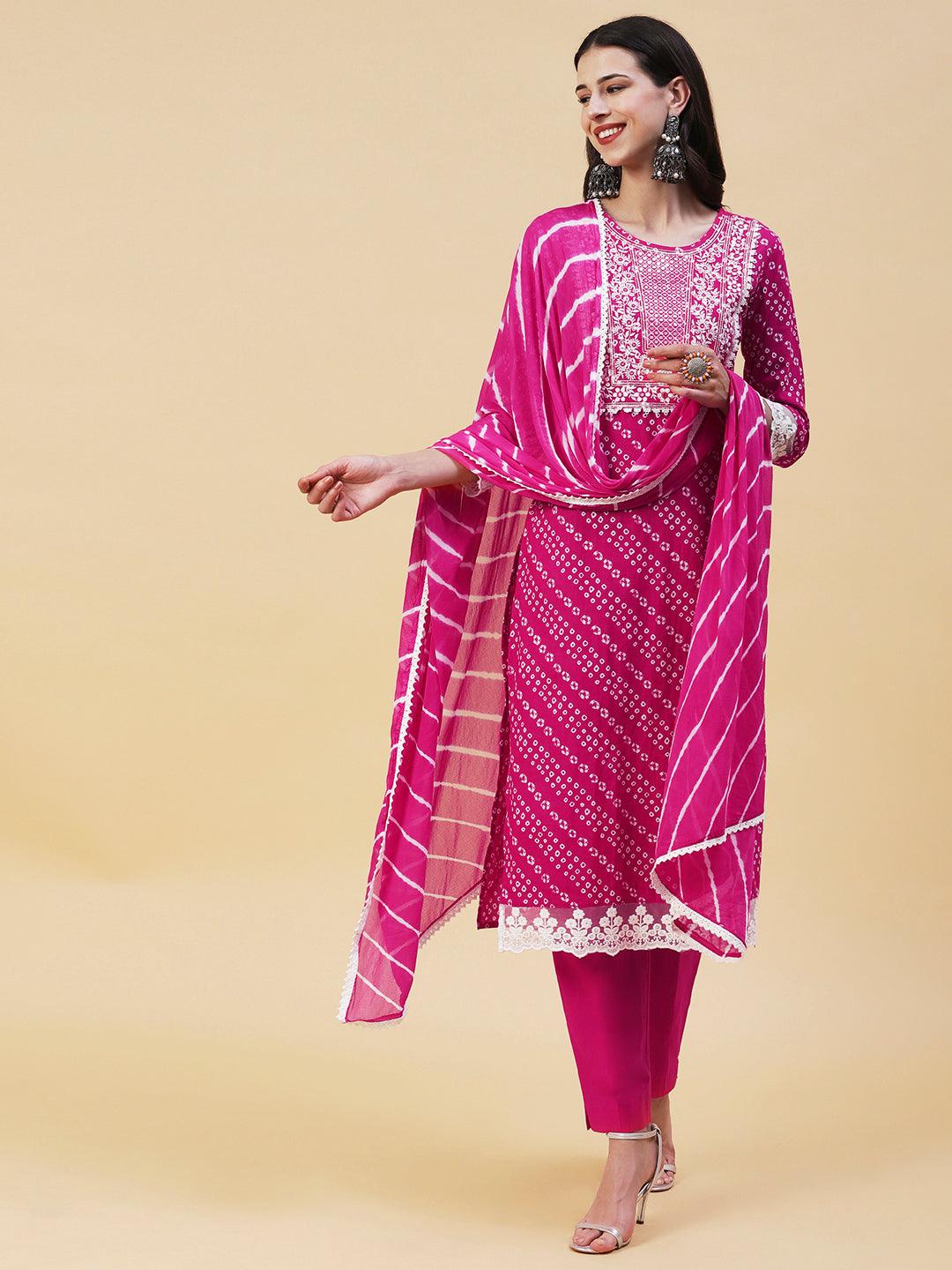 Bandhani Printed Mirror Embroidered Kurta With Pants & Lehriya Dupatta - Fuchsia - Indiakreations