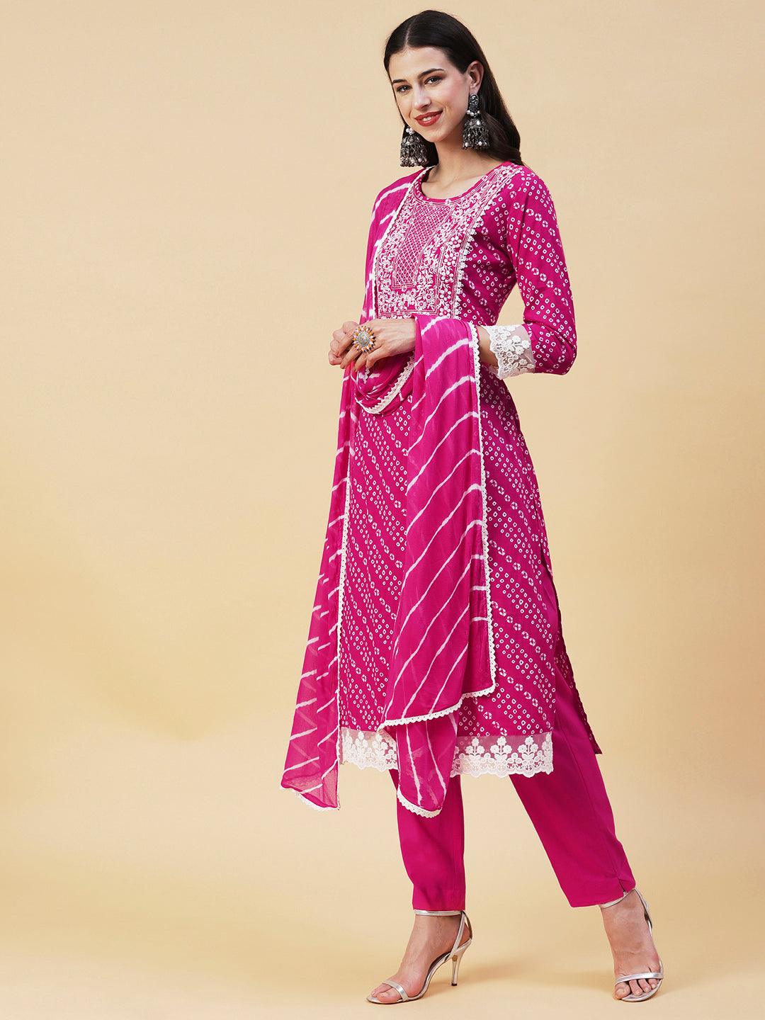 Bandhani Printed Mirror Embroidered Kurta With Pants & Lehriya Dupatta - Fuchsia - Indiakreations