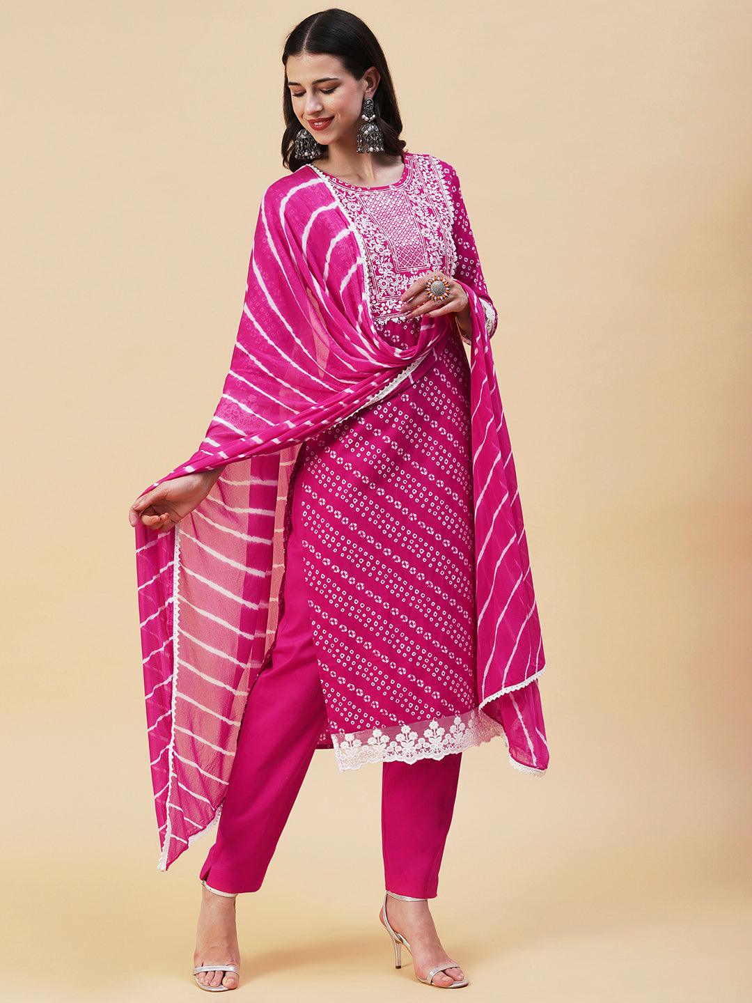 Bandhani Printed Mirror Embroidered Kurta With Pants & Lehriya Dupatta - Fuchsia - Indiakreations