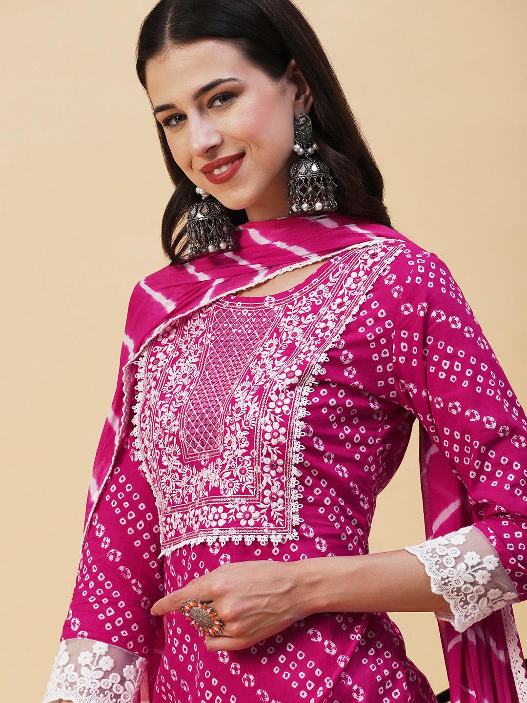 Bandhani Printed Mirror Embroidered Kurta With Pants & Lehriya Dupatta - Fuchsia - Indiakreations