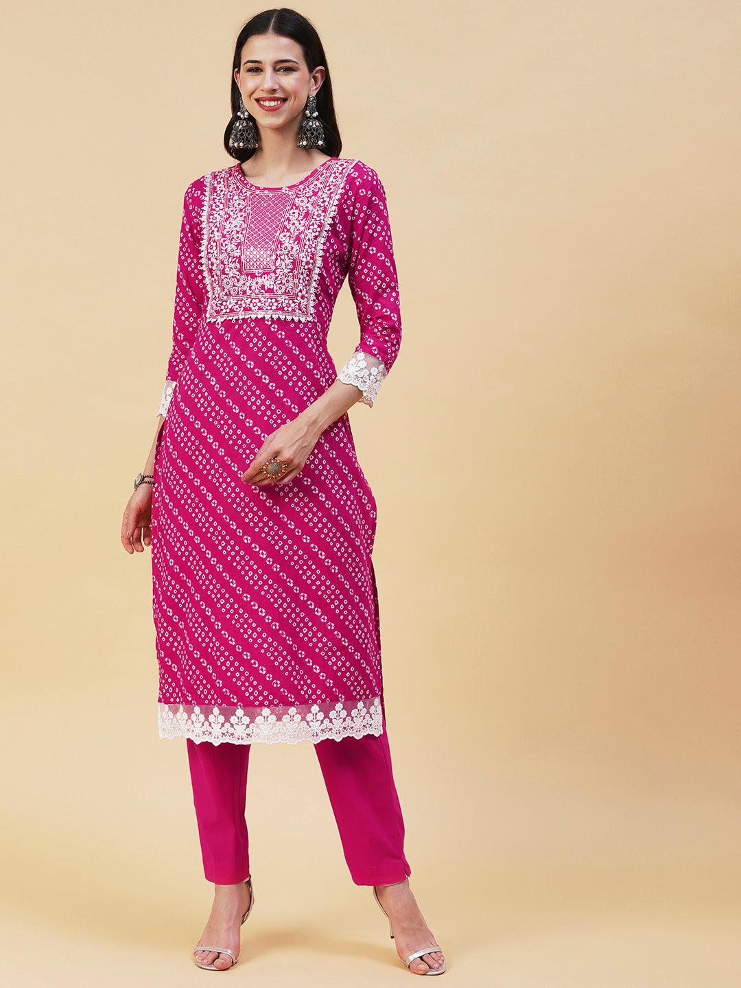 Bandhani Printed Mirror Embroidered Kurta With Pants & Lehriya Dupatta - Fuchsia - Indiakreations