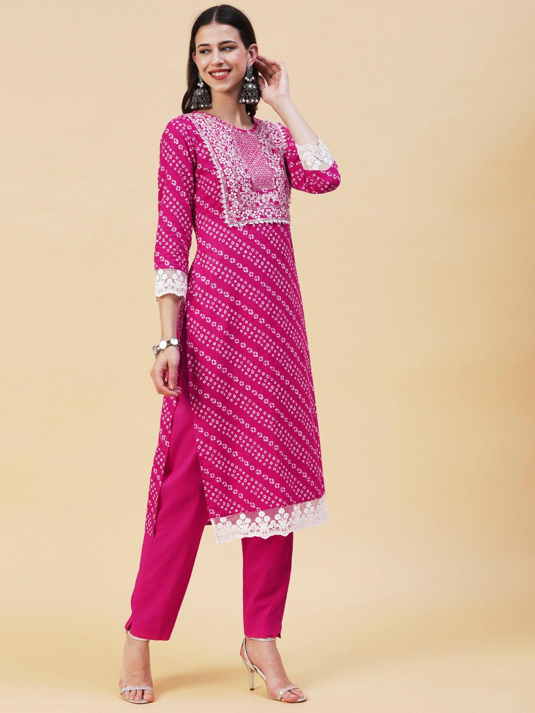 Bandhani Printed Mirror Embroidered Kurta With Pants & Lehriya Dupatta - Fuchsia - Indiakreations