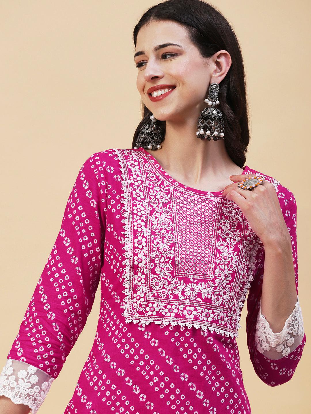 Bandhani Printed Mirror Embroidered Kurta With Pants & Lehriya Dupatta - Fuchsia - Indiakreations