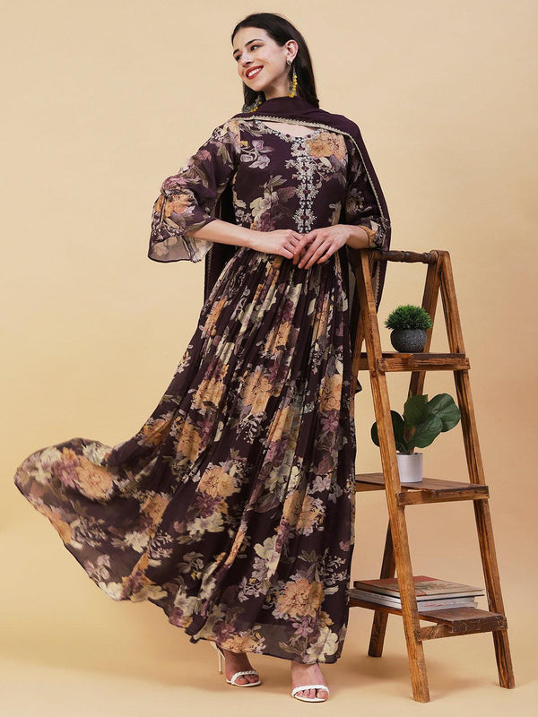 Floral Printed & Hand Embroidered Fit & Flare Maxi Dress with Dupatta - Burgundy - Indiakreations