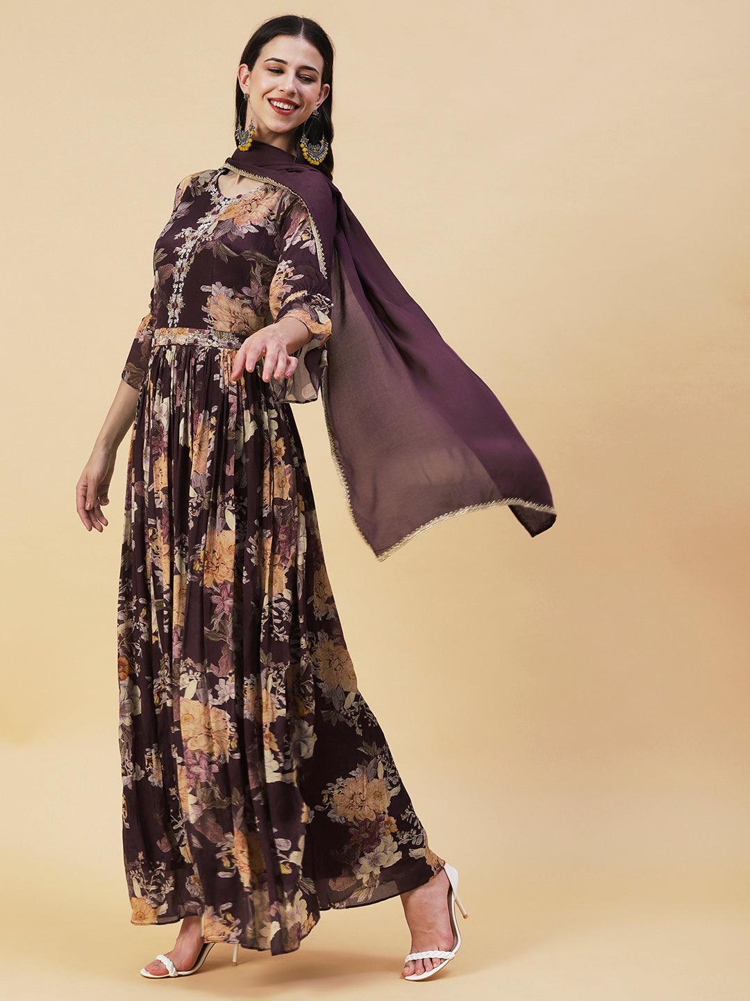 Floral Printed & Hand Embroidered Fit & Flare Maxi Dress with Dupatta - Burgundy - Indiakreations