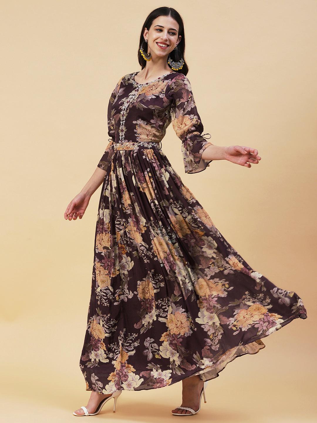 Floral Printed & Hand Embroidered Fit & Flare Maxi Dress with Dupatta - Burgundy - Indiakreations