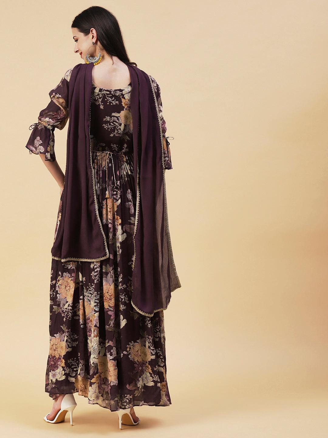 Floral Printed & Hand Embroidered Fit & Flare Maxi Dress with Dupatta - Burgundy - Indiakreations