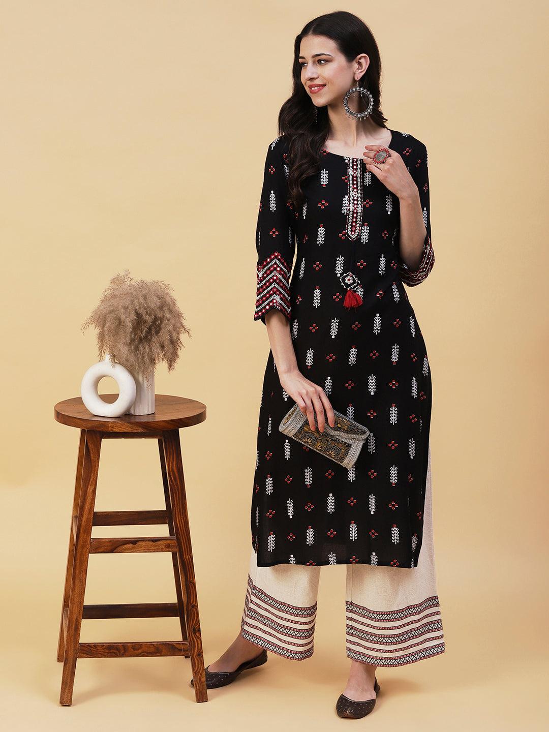 Ethnic Printed & Embroidered Straight Fit Kurta - Black - Indiakreations