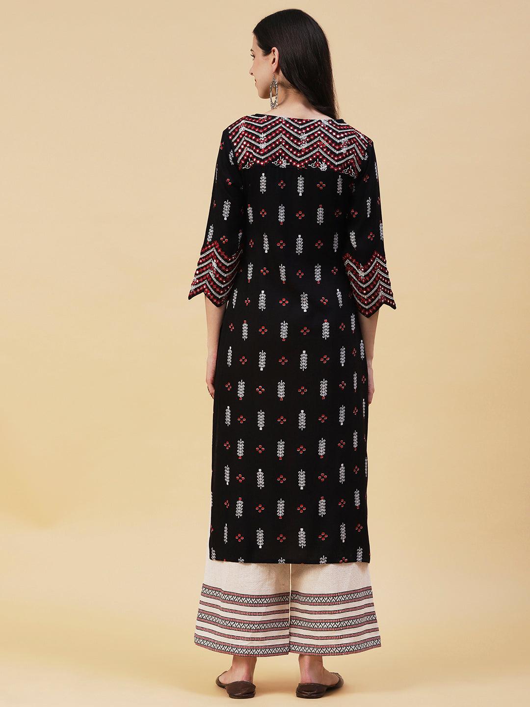 Ethnic Printed & Embroidered Straight Fit Kurta - Black - Indiakreations