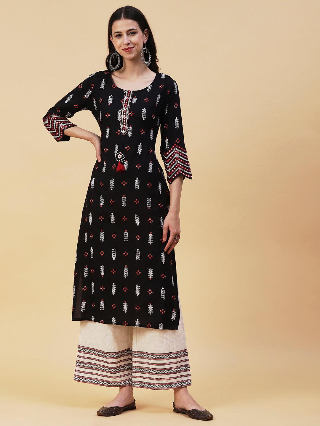 Ethnic Printed & Embroidered Straight Fit Kurta - Black - Indiakreations