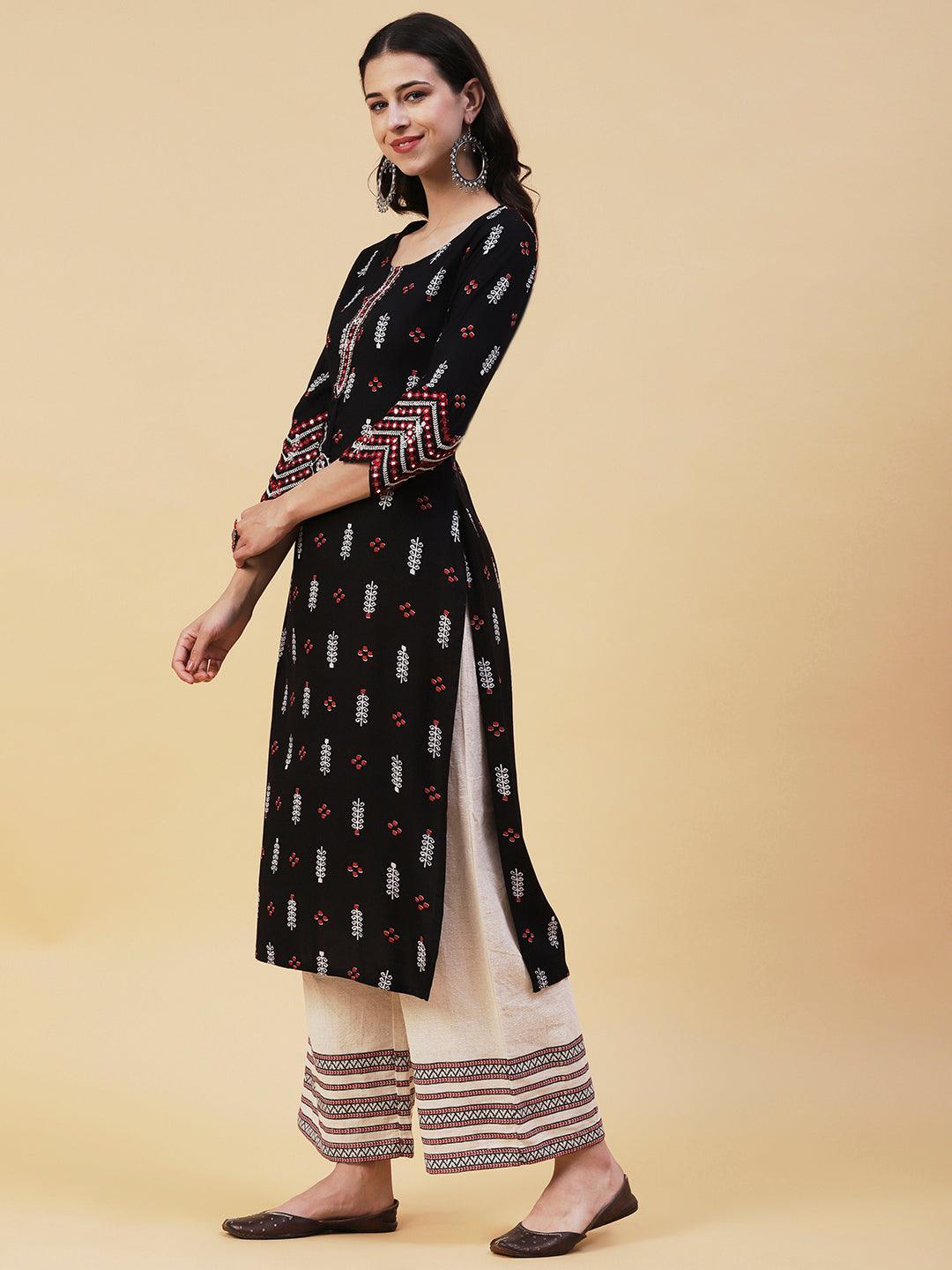 Ethnic Printed & Embroidered Straight Fit Kurta - Black - Indiakreations