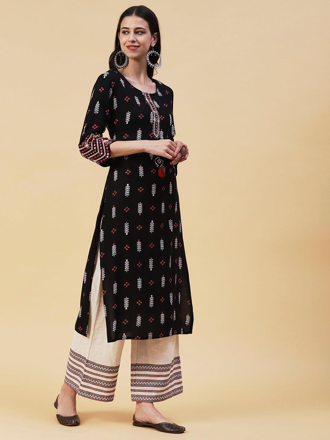 Ethnic Printed & Embroidered Straight Fit Kurta - Black - Indiakreations