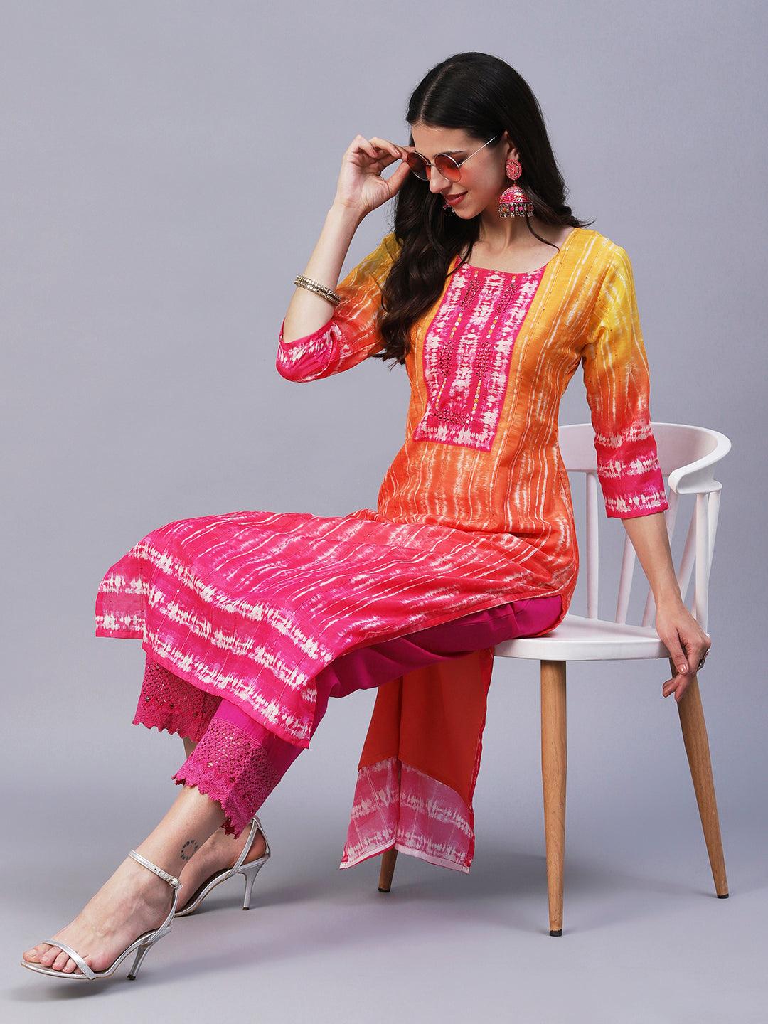 Shibori Printed Mirror & Resham Embroidered Kurta - Orange - Indiakreations