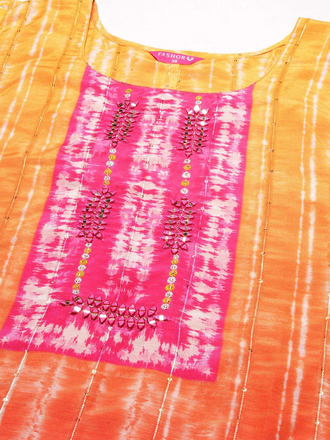 Shibori Printed Mirror & Resham Embroidered Kurta - Orange - Indiakreations