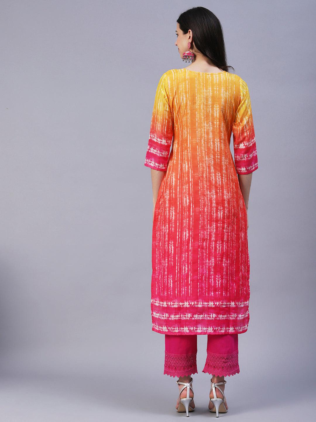 Shibori Printed Mirror & Resham Embroidered Kurta - Orange - Indiakreations