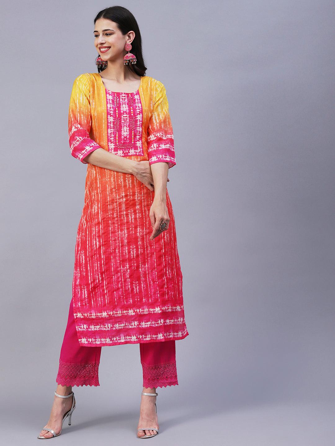 Shibori Printed Mirror & Resham Embroidered Kurta - Orange - Indiakreations