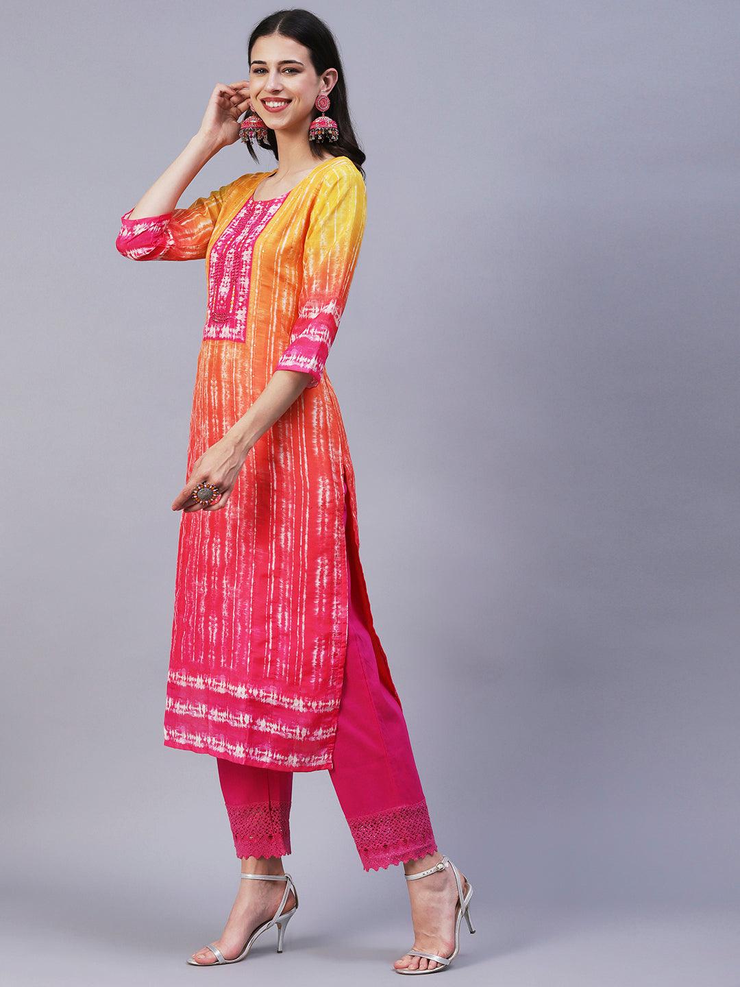 Shibori Printed Mirror & Resham Embroidered Kurta - Orange - Indiakreations