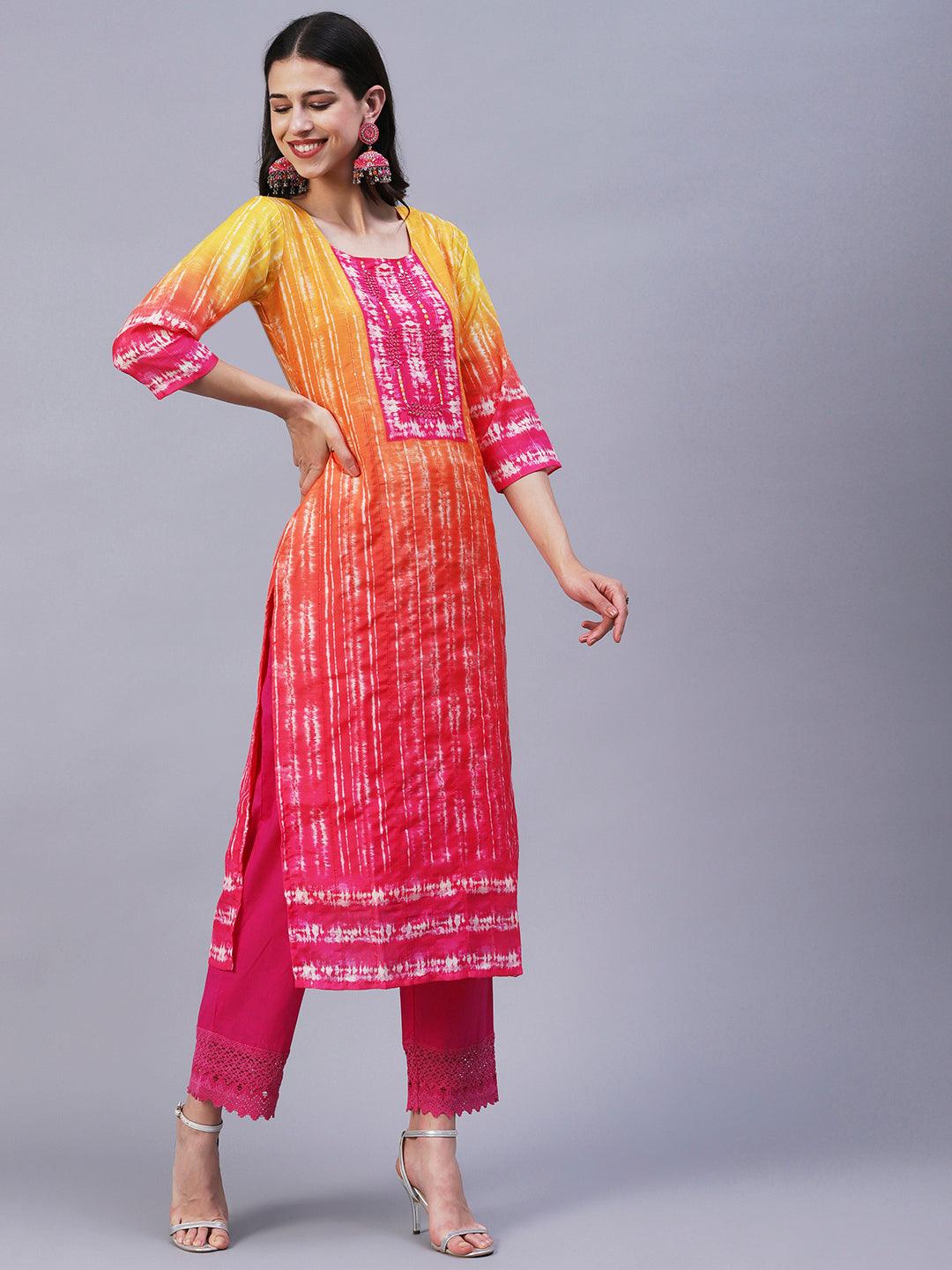 Shibori Printed Mirror & Resham Embroidered Kurta - Orange - Indiakreations