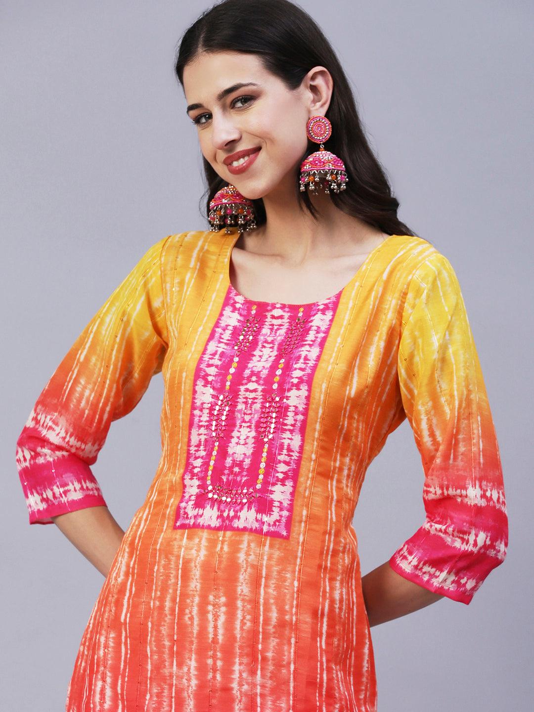 Shibori Printed Mirror & Resham Embroidered Kurta - Orange - Indiakreations