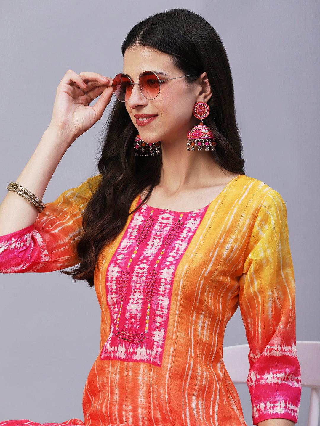 Shibori Printed Mirror & Resham Embroidered Kurta - Orange - Indiakreations