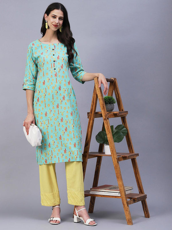 Quirky Cactus Printed Buttoned Kurta - Sea Green - Indiakreations