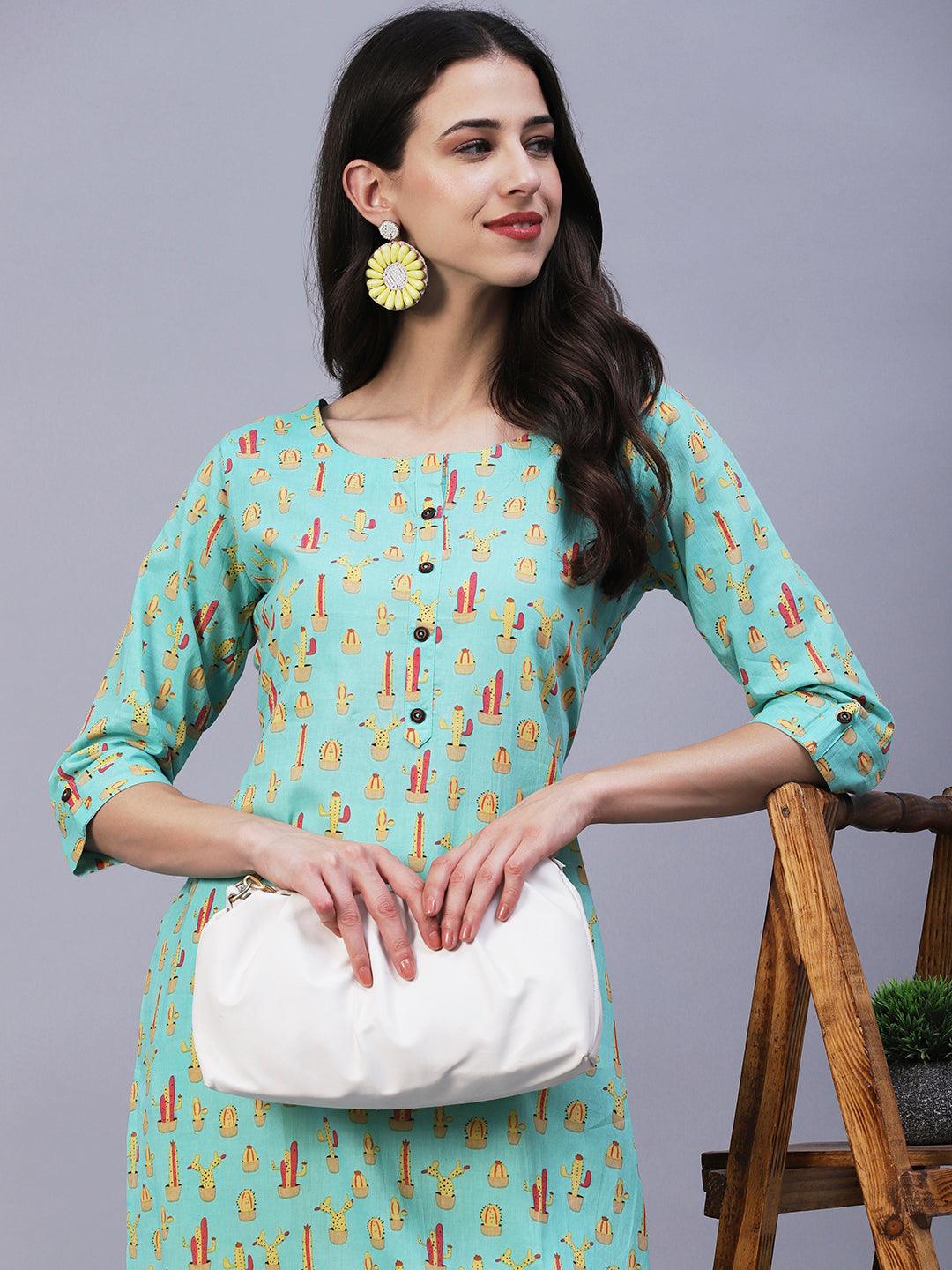 Quirky Cactus Printed Buttoned Kurta - Sea Green - Indiakreations