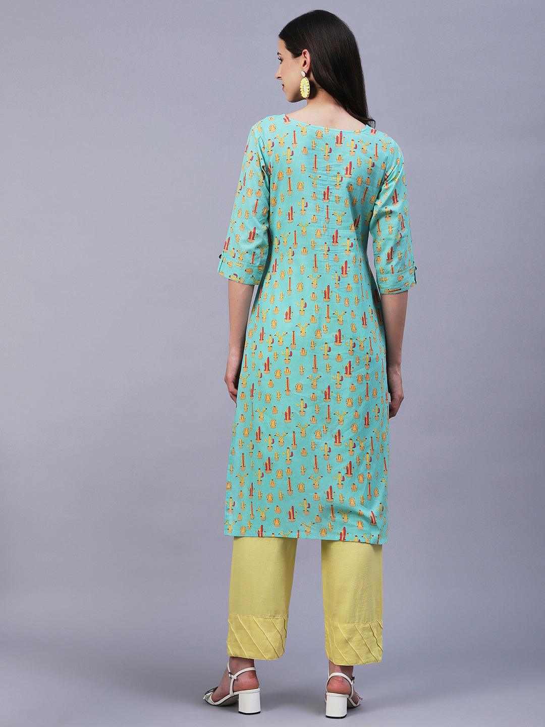 Quirky Cactus Printed Buttoned Kurta - Sea Green - Indiakreations