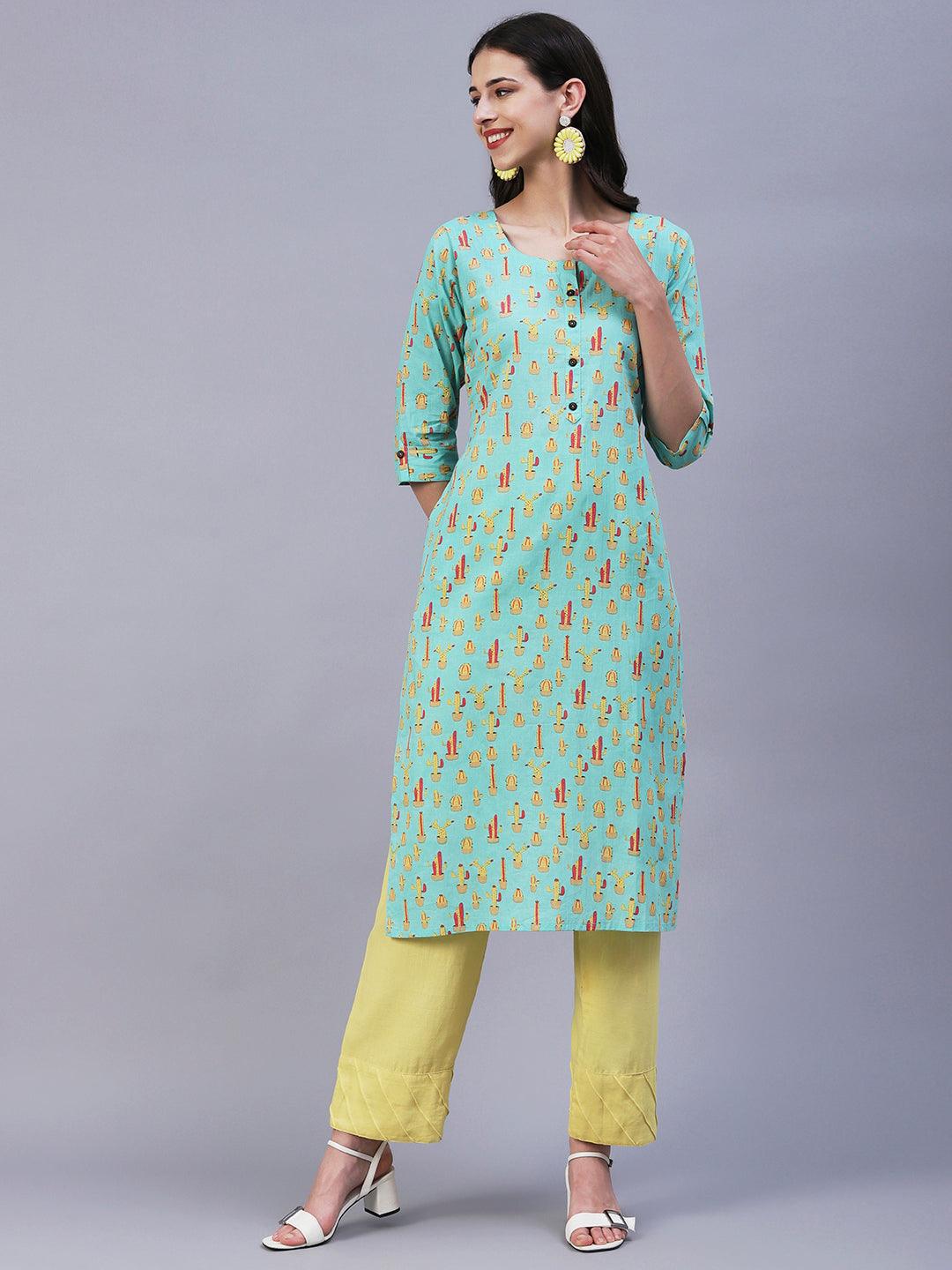 Quirky Cactus Printed Buttoned Kurta - Sea Green - Indiakreations