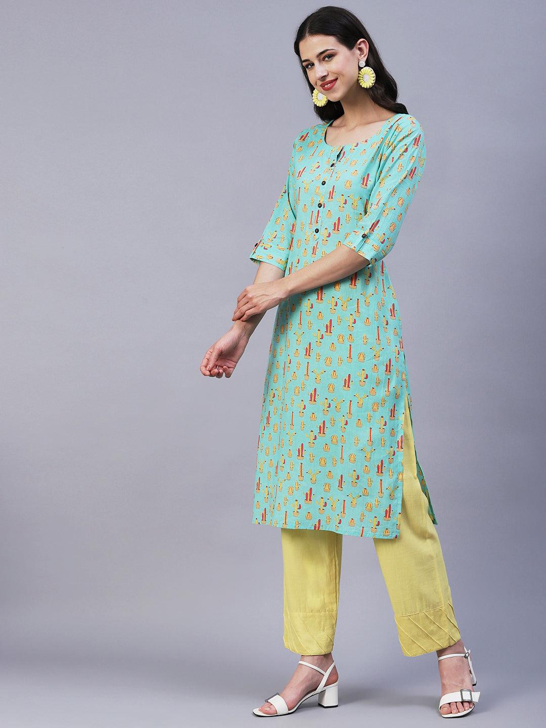 Quirky Cactus Printed Buttoned Kurta - Sea Green - Indiakreations