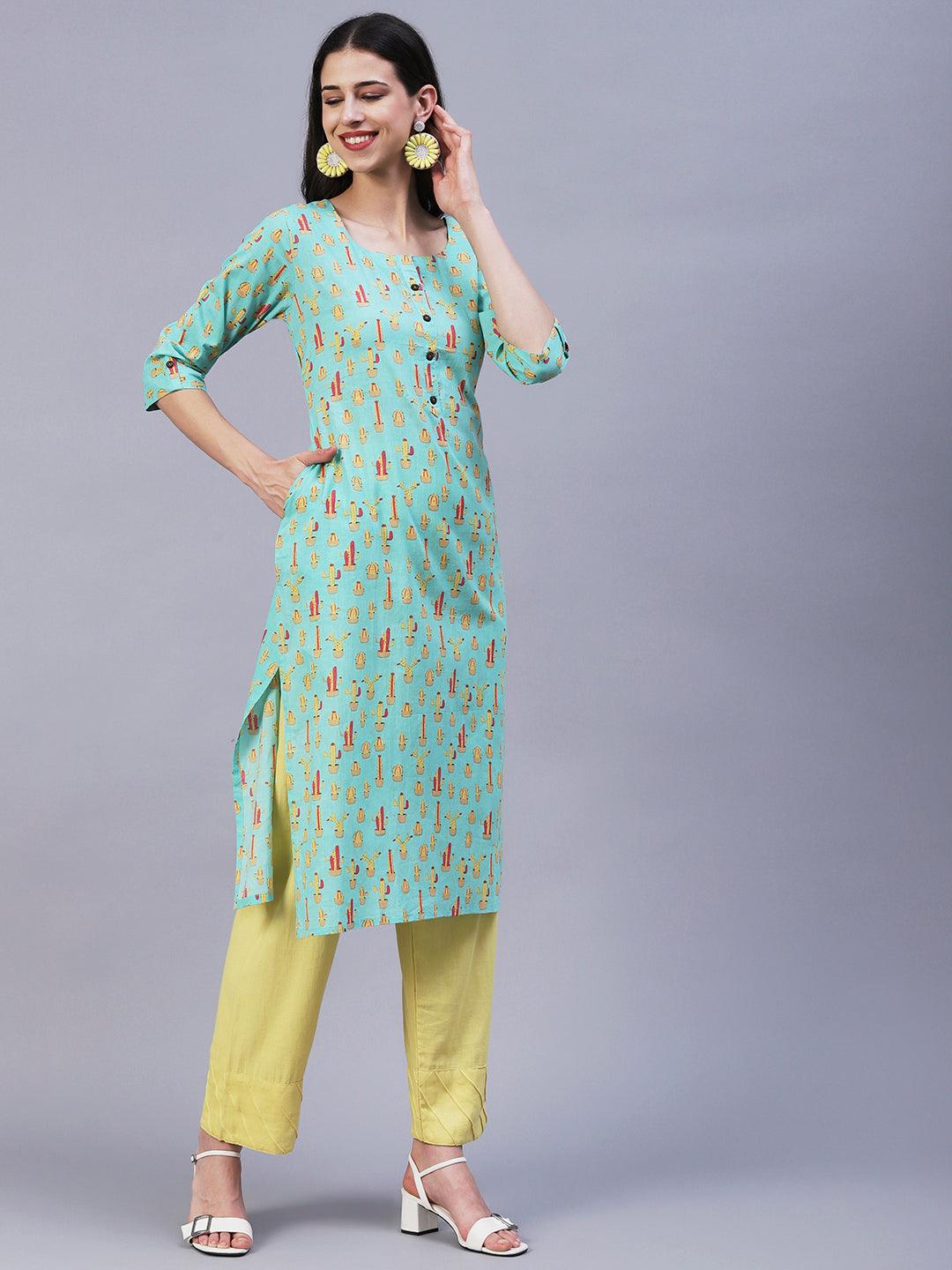 Quirky Cactus Printed Buttoned Kurta - Sea Green - Indiakreations