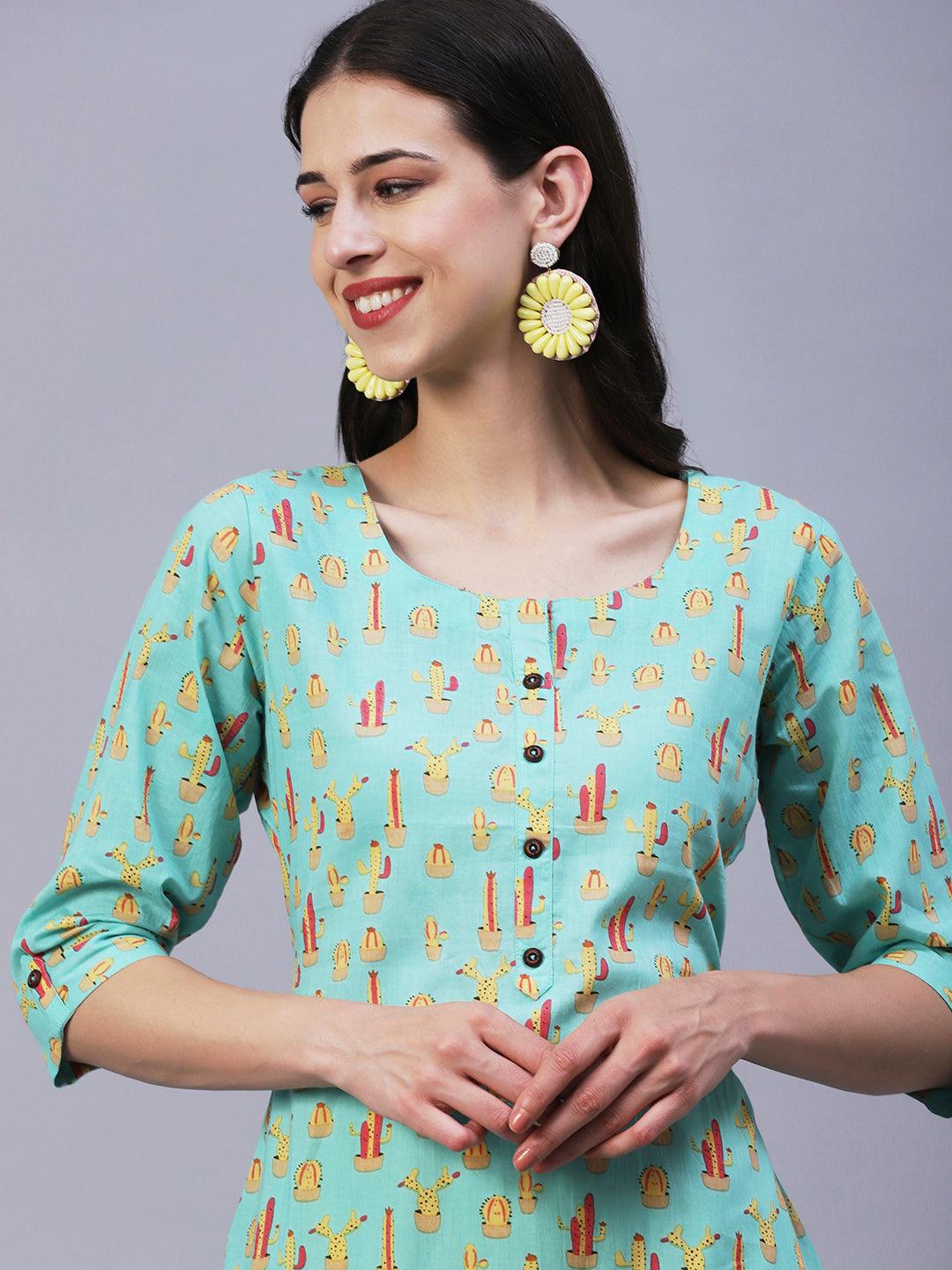 Quirky Cactus Printed Buttoned Kurta - Sea Green - Indiakreations