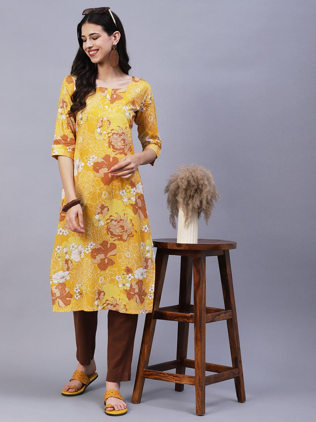 Floral Printed Mother-Of-Pearl Buttoned Kurta - Yellow - Indiakreations