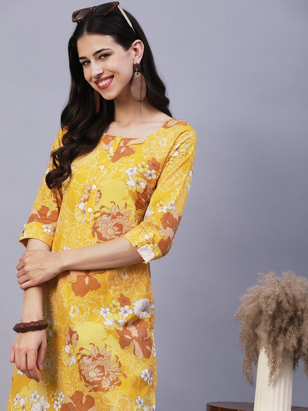 Floral Printed Mother-Of-Pearl Buttoned Kurta - Yellow - Indiakreations