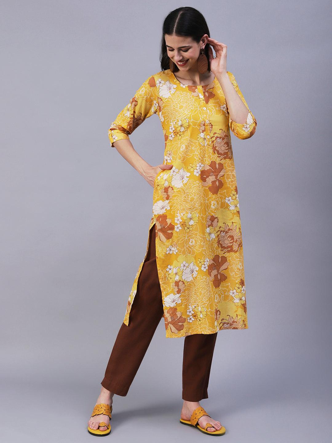 Floral Printed Mother-Of-Pearl Buttoned Kurta - Yellow - Indiakreations