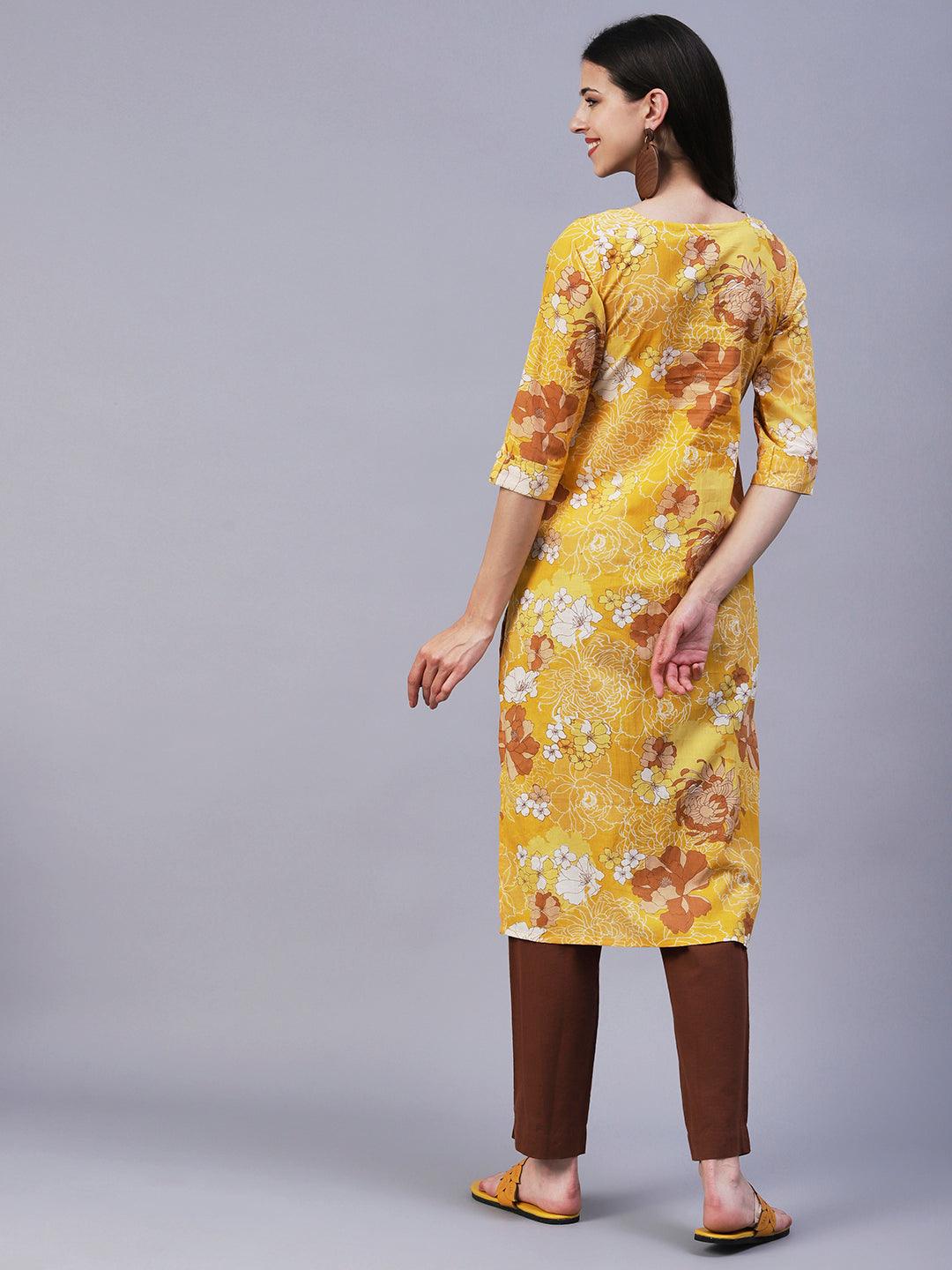 Floral Printed Mother-Of-Pearl Buttoned Kurta - Yellow - Indiakreations