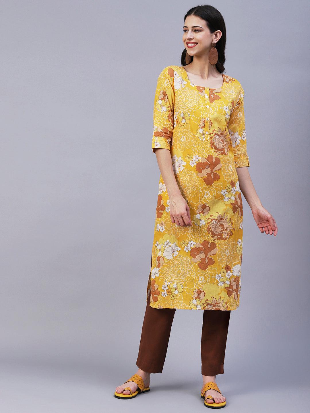 Floral Printed Mother-Of-Pearl Buttoned Kurta - Yellow - Indiakreations