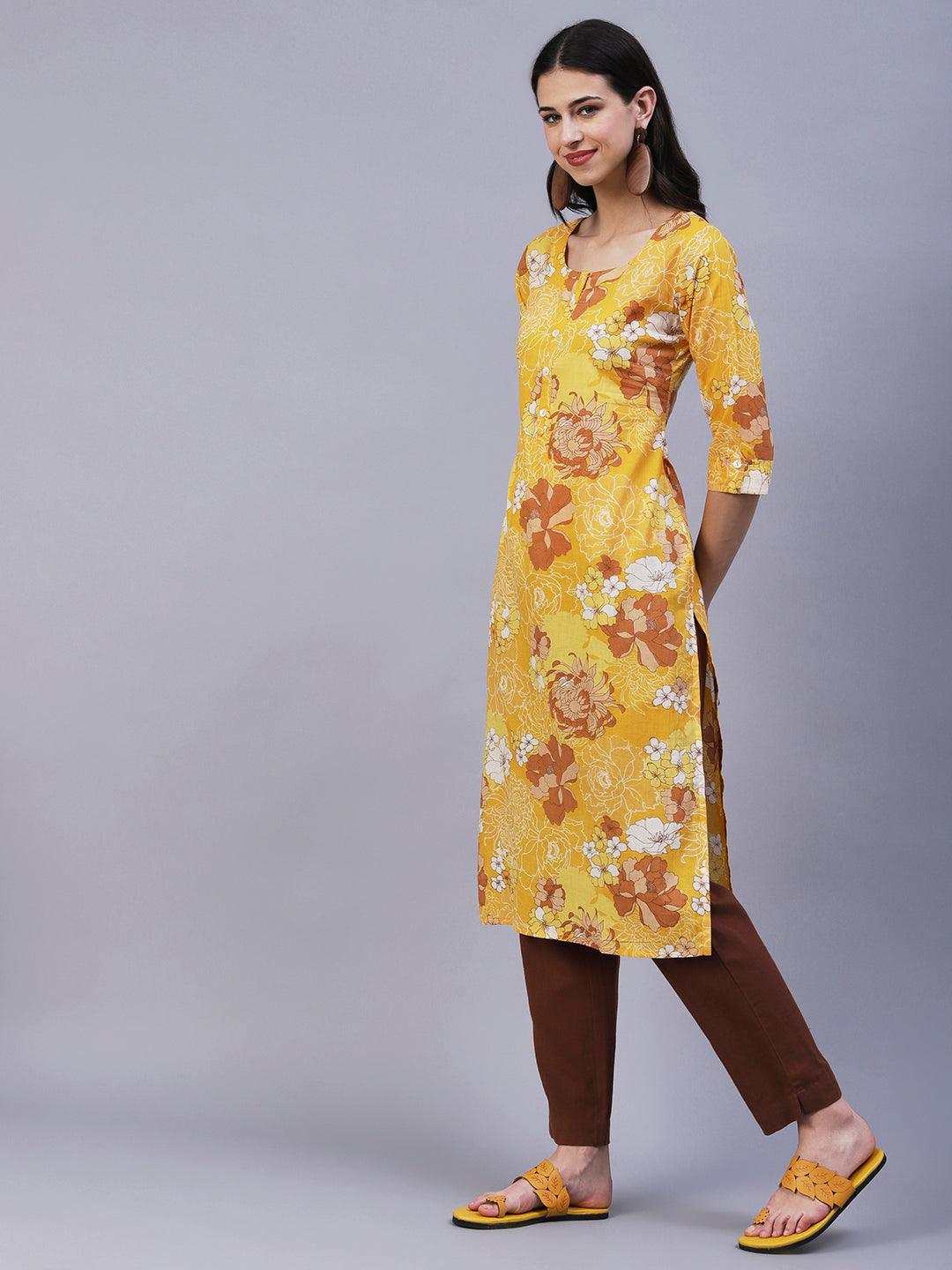 Floral Printed Mother-Of-Pearl Buttoned Kurta - Yellow - Indiakreations