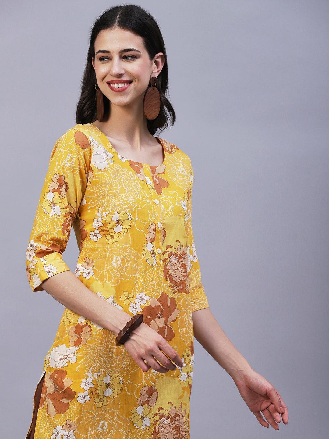 Floral Printed Mother-Of-Pearl Buttoned Kurta - Yellow - Indiakreations